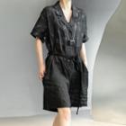 Short Sleeve Print Playsuit With Sash Black - One Size