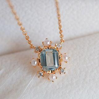 Rhinestone Faux Pearl Pendant Sterling Silver Necklace Blue & Gold - One Size