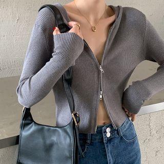 Hooded Cropped Zip Knit Cardigan