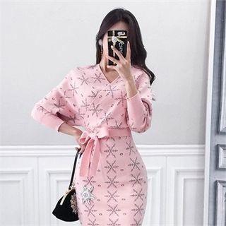 Embellished Snowflake Pattern Knit Surplice Wrap Dress