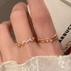 Set: Wavy Alloy Ring + Rhinestone Alloy Ring Set Of 2 - Gold - One Size