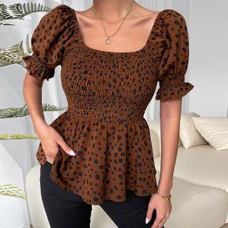 Printed Short-sleeve Square-neck Ruched Top