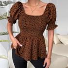 Printed Short-sleeve Square-neck Ruched Top