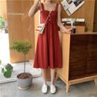Square Collar Drawstring Sleeveless Dress Wine Red - One Size