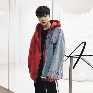 Ripped Denim Panel Zip Hoodie