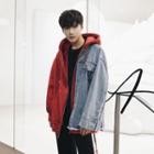 Ripped Denim Panel Zip Hoodie