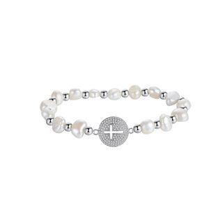 Fashion Classic Geometric Round Cross Cubic Zirconia Bracelet With Imitation Pearls Silver - One Size