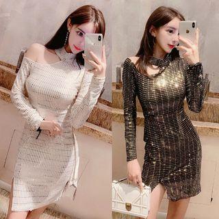 Cutout Sequined Long-sleeve Bodycon Dress