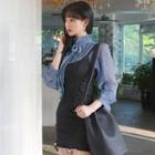 Stand Collar Dotted Blouse / Spaghetti Strap Mini Bodycon Dress