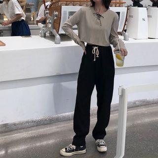 Crewneck Striped Bow Long-sleeve Top