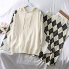 Set: Loose-fit Hooded Knit Top + Argyle Knit Midi Skirt
