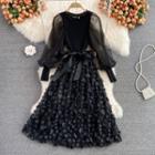 Puff Sleeve Knit Panel Mesh Dress