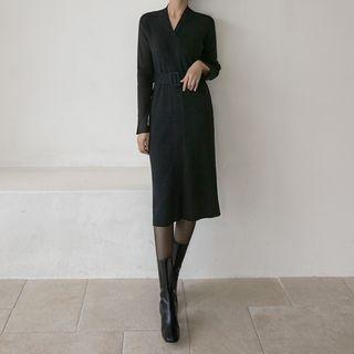 V-neck Slit Midi Knit Dress With Belt