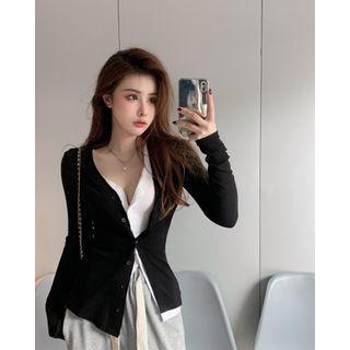 Mock Two Piece Cardigan Black & White - One Size