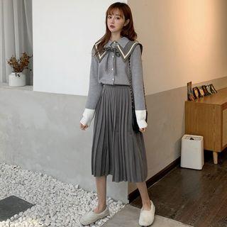 Buttoned Knit Top / Knit Shawl / Accordion Pleat Midi Skirt