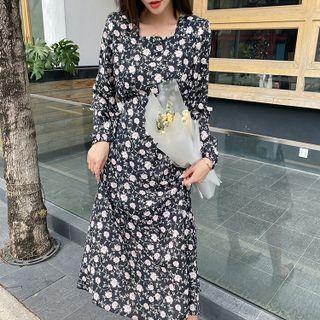Lantern-sleeve Floral Print Midi Dress