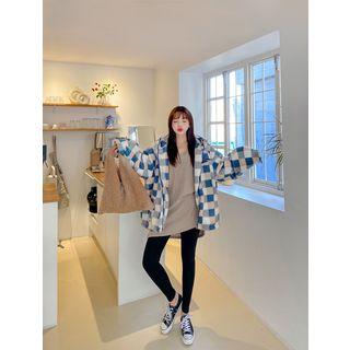 Gingham Boucl -knit Zip-up Hoodie