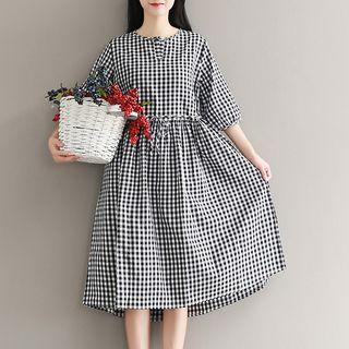 Elbow-sleeve Plaid A-line Midi Dress