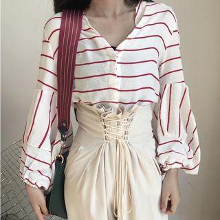 Striped V-neck Puff-sleeve Top