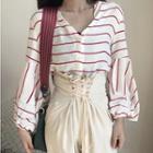 Striped V-neck Puff-sleeve Top