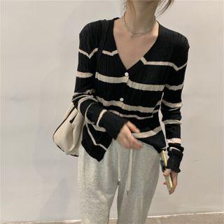 V-neck Striped Knitted Cardigan Stripes - Black & White - One Size
