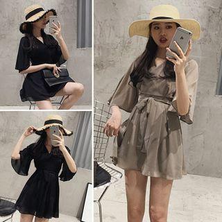 V-neck Bell-sleeve Chiffon Dress