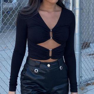 Long-sleeve V-neck Cutout Crop Top