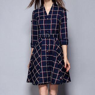 Check Long-sleeve V-neck Dress