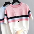 Striped Plaid Panel Short-sleeve Knit Top
