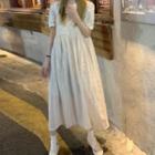 Short-sleeve Floral Blouse / Spaghetti Strap Midi A-line Dress