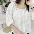 Elbow-sleeve Eyelet Button-up Blouse