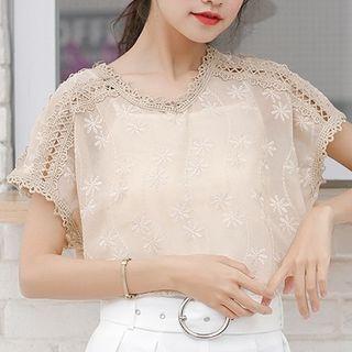 Flower Embroidered Short Sleeve Lace Top