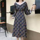 Lace Trim Long-sleeve Floral Print Midi A-line Dress