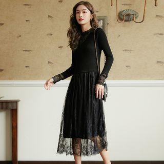 Mock Two-piece Lace Long-sleeve Midi Dress