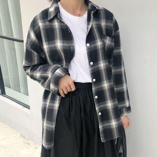 Plaid Shirt / Plain Midi A-line Skirt