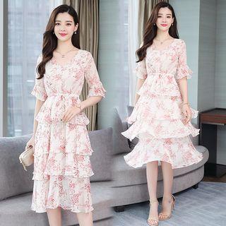 Leaf Print Elbow-sleeve Midi Tiered Dress