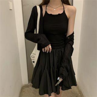 Spaghetti Strap Top / A-line Mini Skirt / Cropped Cardigan