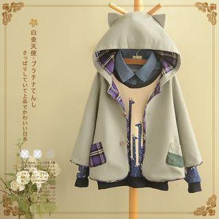 Plaid Panel Cat Ear Hooded Cape