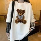 Long-sleeve Mock Two-piece Bear Print Striped T-shirt