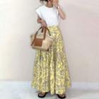 Set: Cap-sleeve Lettering T-shirt + Floral Maxi A-line Skirt Set Of 2 - T-shirt & Skirt - White & Yellow - One Size