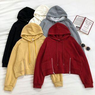 Plain Drawcord Zipper Long-sleeve Hooded Sweatshirt