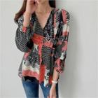 V-neck Smocked-trim Patterned Top