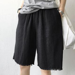 Band-waist Fray-hem Loose-fit Shorts