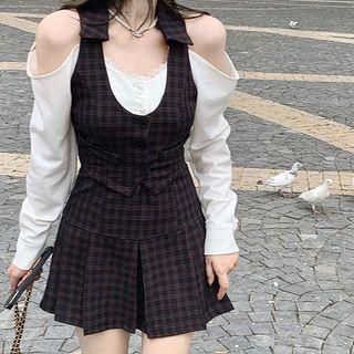 Long-sleeve Mock Two-piece Cold-shoulder Pleated Mini Dress