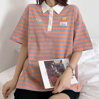 Patch Striped Elbow-sleeve Polo Shirt