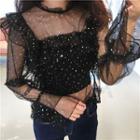 Sequined Long Sleeve Mesh Top