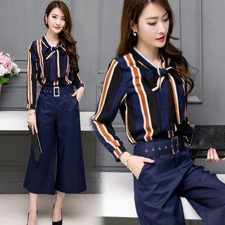Set: Tie-neck Striped Blouse + Wide-leg Pants