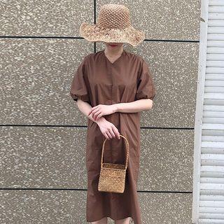 Balloon-sleeve V-neck Shift Dress