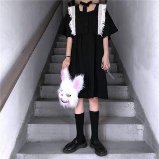 Short-sleeve Fringed Trim A-line Dress Black - One Size
