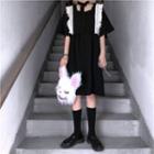 Short-sleeve Fringed Trim A-line Dress Black - One Size